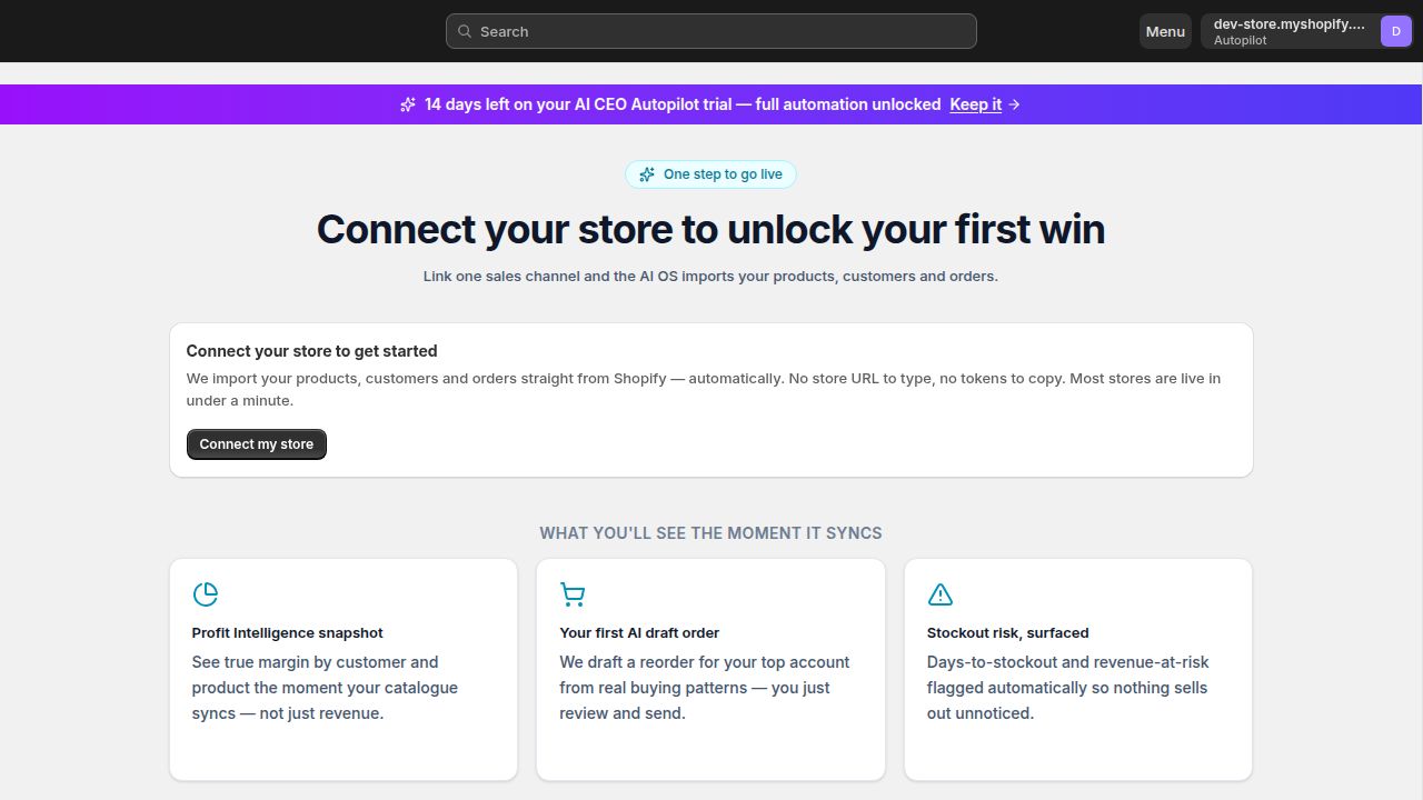 AI CEO inventory forecasting — days-to-stockout and urgency alerts surfaced on the dashboard